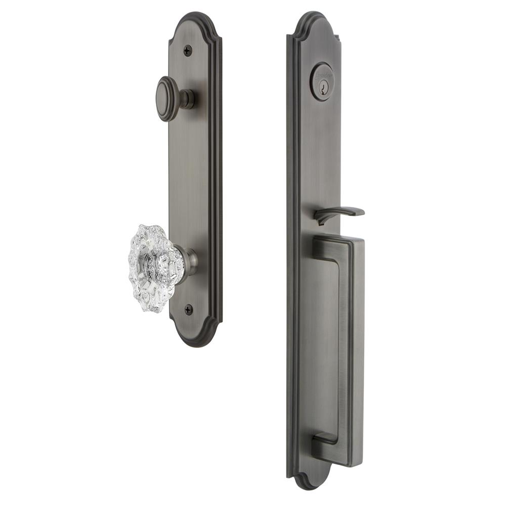 Grandeur by Nostalgic Warehouse ARCDGRBIA Arc One-Piece Handleset with D Grip and Biarritz Knob in Antique Pewter